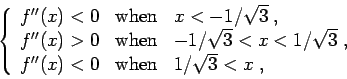 \begin{displaymath}\left\{\begin{array}{lll}
f''(x) < 0 & \mbox{when}& x < -1/\s...
...(x) < 0 & \mbox{when}& 1/\sqrt{3} < x \;,\\
\end{array}\right.\end{displaymath}