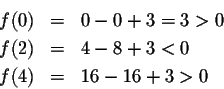 \begin{eqnarray*}f(0)&=&0-0+3=3>0\\
f(2)&=&4-8+3<0\\
f(4)&=&16-16+3>0
\end{eqnarray*}