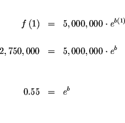 \begin{eqnarray*}&& \\
f\left( 1\right) &=&5,000,000\cdot e^{b\left( 1\right) }...
...000,000\cdot e^{b} \\
&& \\
&& \\
0.55 &=&e^{b} \\
&& \\
&&
\end{eqnarray*}