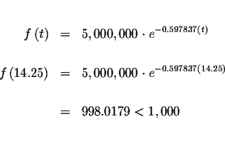 \begin{eqnarray*}&& \\
f\left( t\right) &=&5,000,000\cdot e^{-0.597837\left( t\...
...37\left( 14.25\right) }\\
&&\\
&=&998.0179<1,000 \\
&& \\
&&
\end{eqnarray*}