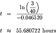 \begin{eqnarray*}t &=&\displaystyle \frac{\ln \left( \displaystyle \frac{3}{40}\right) }{-0.046520} \\
&& \\
t &\approx &55.680722\mbox{ hours }
\end{eqnarray*}