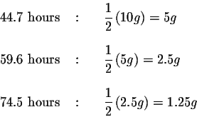 \begin{eqnarray*}44.7\mbox{ hours } &:&{\quad }\displaystyle \frac{1}{2}\left( 1...
...\quad }\displaystyle \frac{1}{2}\left( 2.5{ g}\right) =1.25
{ g}
\end{eqnarray*}