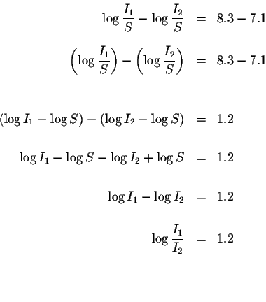 \begin{eqnarray*}\log \displaystyle \frac{I_{1}}{S}-\log \displaystyle \frac{I_{...
...og \displaystyle \frac{I_{1}}{I_{2}} &=&1.2 \\
&& \\
&& \\
&&
\end{eqnarray*}