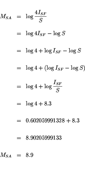 \begin{eqnarray*}&& \\
M_{SA} &=&\log \displaystyle \frac{4I_{SF}}{S} \\
&& \\...
...
&=&8.90205999133 \\
&& \\
M_{SA} &=&8.9 \\
&& \\
&& \\
&&
\end{eqnarray*}