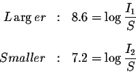 \begin{eqnarray*}L\arg er &:&8.6=\log \displaystyle \frac{I_{1}}{S} \\
&& \\
Smaller &:&7.2=\log \displaystyle \frac{I_{2}}{S}
\end{eqnarray*}