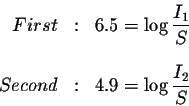 \begin{eqnarray*}First &:&6.5=\log \displaystyle \frac{I_{1}}{S} \\
&& \\
Second &:&4.9=\log \displaystyle \frac{I_{2}}{S}
\end{eqnarray*}