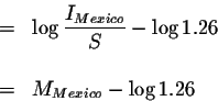 \begin{eqnarray*}&=&\log \displaystyle \frac{I_{Mexico}}{S}-\log 1.26 \\
&& \\
&=&M_{Mexico}-\log 1.26
\end{eqnarray*}