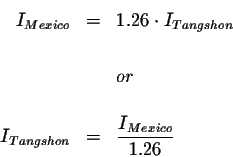 \begin{eqnarray*}I_{Mexico} &=&1.26\cdot I_{Tangshon} \\
&& \\
&&or \\
&& \\
I_{Tangshon} &=&\displaystyle \frac{I_{Mexico}}{1.26}
\end{eqnarray*}