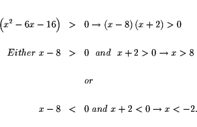 \begin{eqnarray*}&& \\
\left( x^{2}-6x-16\right) &>&0\rightarrow \left( x-8\rig...
...\\
&&or \\
&& \\
x-8 &<&0\ and\ x+2<0\rightarrow x<-2. \\
&&
\end{eqnarray*}