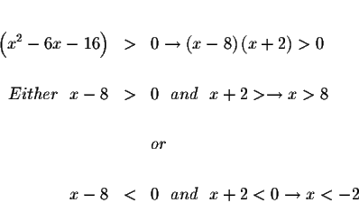 \begin{eqnarray*}&& \\
\left( x^{2}-6x-16\right) &>&0\rightarrow \left( x-8\rig...
...
&& \\
&&or \\
&& \\
x-8 &<&0\ \ and\ \ x+2<0\rightarrow x<-2
\end{eqnarray*}