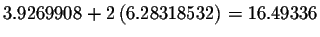 $3.9269908+2\left(6.28318532\right) =16.49336$