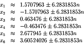 \begin{displaymath}\begin{array}{rclll}
x_{1} &\approx &1.5707963\pm 6.2831853n ...
...3n \\
x_{6} &\approx &3.60524026\pm 6.2831853n \\
\end{array}\end{displaymath}