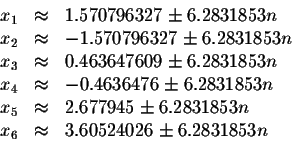 \begin{displaymath}\begin{array}{rclll}
x_{1} &\approx &1.570796327\pm 6.2831853...
...3n \\
x_{6} &\approx &3.60524026\pm 6.2831853n \\
\end{array}\end{displaymath}