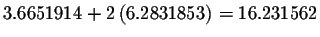 $3.6651914+2\left( 6.2831853\right) =16.231562$