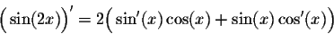 \begin{displaymath}\Big(\sin(2x)\Big)' = 2 \Big(\sin'(x) \cos(x) + \sin(x) \cos'(x)\Big)\end{displaymath}