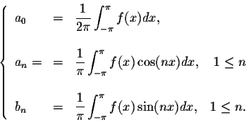 \begin{displaymath}\left\{\begin{array}{lclr}
a_0 &=& \displaystyle \frac{1}{2\p...
..._{-\pi}^{\pi} f(x) \sin(nx)dx,& 1 \leq n.\\
\end{array}\right.\end{displaymath}