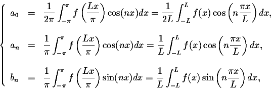 \begin{displaymath}\left\{\begin{array}{lclr}
a_0 &=& \displaystyle \displaystyl...
...f(x) \sin\left(n\frac{\pi x}{L}\right)dx,\\
\end{array}\right.\end{displaymath}