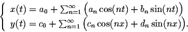 \begin{displaymath}\left\{\begin{array}{lcll}
x(t) = a_0 + \sum_{n=1}^{\infty}\B...
...nfty}\Big(c_n\cos(nx) + d_n\sin(nx)\Big).\\
\end{array}\right.\end{displaymath}