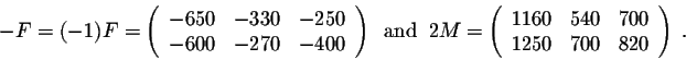 \begin{displaymath}-F = (-1)F=\left(\begin{array}{cccc}
-650&-330&-250\\
-600&-...
...ay}{cccc}
1160&540&700\\
1250&700&820\\
\end{array}\right)\;.\end{displaymath}