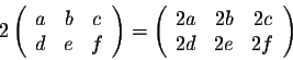 \begin{displaymath}2 \left(\begin{array}{cccc}
a&b&c\\
d&e&f\\
\end{array}\rig...
...(\begin{array}{cccc}
2a&2b&2c\\
2d&2e&2f\\
\end{array}\right)\end{displaymath}