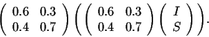 \begin{displaymath}\left(\begin{array}{cc}
0.6&0.3\\
0.4&0.7\\
\end{array}\rig...
...ght) \left(\begin{array}{c}
I\\
S\\
\end{array}\right)\Bigg).\end{displaymath}