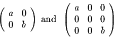 \begin{displaymath}\left(\begin{array}{cc}
a&0\\
0&b\\
\end{array}\right)\;\mb...
...begin{array}{ccc}
a&0&0\\
0&0&0\\
0&0&b\\
\end{array}\right)\end{displaymath}