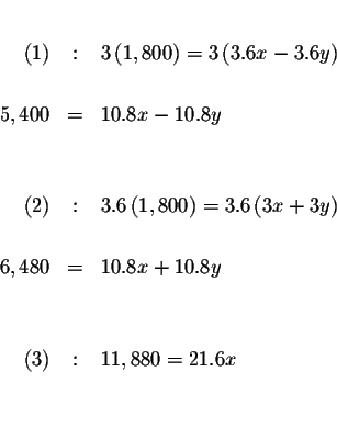 \begin{eqnarray*}&& \\

(1) &:&3\left( 1,800\right) =3\left( 3.6x-3.6y\right) \...

...+10.8y \\

&& \\

&& \\

(3) &:&11,880=21.6x \\

&& \\

&&

\end{eqnarray*}