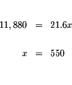 \begin{eqnarray*}&& \\

11,880 &=&21.6x \\

&& \\

x &=&550 \\

&& \\

&&

\end{eqnarray*}