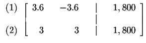 $

\begin{array}{r}

(1) \\

\\

(2)

\end{array}

\left[

\begin{array}{rrrr...

... \\

& & & & \vert & & \\

3 & & 3 & & \vert & & 1,800

\end{array}

\right] $