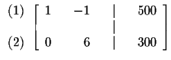 $

\begin{array}{r}

(1) \\

\\

(2)

\end{array}

\left[

\begin{array}{rrrr...

...00 \\

& & & & \vert & & \\

0 & & 6 & & \vert & & 300

\end{array}

\right] $