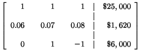 $ \left[
\begin{array}{rrrrrrr}
1 & & 1 & & 1 & \vert & \$25,000 \\
& & & & ...
...
& & & & & \vert & \\
0 & & 1 & & 1 & \vert & \$2,000
\end{array}
\right]$