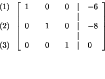 \begin{eqnarray*}
&&
\begin{array}{l}
\left( 1\right) \\
\\
\left( 2\righ...
...& & 1 & \vert & 0
\end{array}
\right] \\
&& \\
&& \\
&&
\end{eqnarray*}