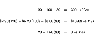 \begin{eqnarray*}
&& \\
120+100+80 &=&300\rightarrow Yes \\
&& \\
\$2.90\...
...( 80\right) &=&0\rightarrow Yes \\
&& \\
&& \\
&& \\
&&
\end{eqnarray*}