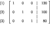 \begin{eqnarray*}
&&
\begin{array}{r}
(1) \\
\\
(2) \\
\\
(3)
\end{a...
... & & 0 & & 1 & \vert & 80
\end{array}
\right] \\
&& \\
&&
\end{eqnarray*}