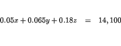 \begin{eqnarray*}&& \\
0.05x+0.065y+0.18z &=&14,100 \\
&& \\
&&
\end{eqnarray*}