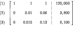 \begin{eqnarray*}&&
\begin{array}{r}
(1) \\
\\
(2) \\
\\
(3)
\end{arr...
... & & 0.13 & \vert & 8,100
\end{array}
\right] \\
&& \\
&&
\end{eqnarray*}