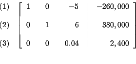 \begin{eqnarray*}&&
\begin{array}{r}
(1) \\
\\
(2) \\
\\
(3)
\end{arr...
... & & 0.04 & \vert & 2,400
\end{array}
\right] \\
&& \\
&&
\end{eqnarray*}