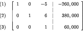 \begin{eqnarray*}&&
\begin{array}{r}
(1) \\
\\
(2) \\
\\
(3)
\end{arr...
... 0 & & 1 & \vert & 60,000
\end{array}
\right] \\
&& \\
&&
\end{eqnarray*}