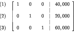 \begin{eqnarray*}&&
\begin{array}{r}
(1) \\
\\
(2) \\
\\
(3)
\end{arr...
... 0 & & 1 & \vert & 60,000
\end{array}
\right] \\
&& \\
&&
\end{eqnarray*}