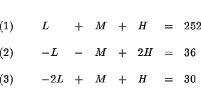 \begin{eqnarray*}&& \\
\begin{array}{l}
(1) \\
\\
(2) \\
\\
(3)
\end...
...M & + & H & = & 30
\end{array}
\end{array}
& \\
&& \\
&&
\end{eqnarray*}