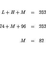 \begin{eqnarray*}&& \\
L+H+M &=&252 \\
&& \\
74+M+96 &=&252 \\
&& \\
M &=&82 \\
&& \\
&&
\end{eqnarray*}