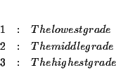 \begin{eqnarray*}&& \\
1 &:&\text{ The lowest grade} \\
2 &:&\text{ The middle grade} \\
3 &:&\text{ The highest grade} \\
&&
\end{eqnarray*}