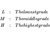 \begin{eqnarray*}&& \\
L &:&\text{ The lowest grade} \\
M &:&\text{ The middle grade} \\
H &:&\text{ The highest grade} \\
&&
\end{eqnarray*}