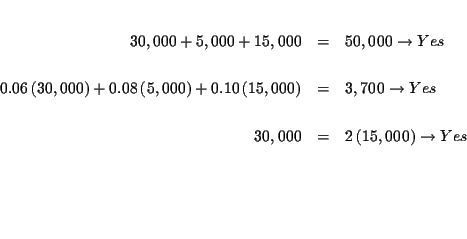 \begin{eqnarray*}&& \\
30,000+5,000+15,000 &=&50,000\rightarrow Yes \\
&& \\...
...( 15,000\right) \rightarrow Yes \\
&& \\
&& \\
&& \\
&&
\end{eqnarray*}