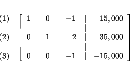 \begin{eqnarray*}&& \\
&&
\begin{array}{r}
(1) \\
\\
(2) \\
\\
(3)
...
...
0 & & 0 & & -1 & \vert & -15,000
\end{array}
\right] \\
&&
\end{eqnarray*}