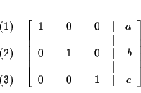 \begin{eqnarray*}&& \\
&&
\begin{array}{r}
(1) \\
\\
(2) \\
\\
(3)
...
... & \\
0 & & 0 & & 1 & \vert & c
\end{array}
\right] \\
&&
\end{eqnarray*}