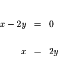 \begin{eqnarray*}&& \\
x-2y &=&0 \\
&& \\
x &=&2y \\
&& \\
&&
\end{eqnarray*}