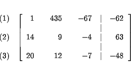 \begin{eqnarray*}&& \\
&&
\begin{array}{r}
(1) \\
\\
(2) \\
\\
(3)
...
...
20 & & 12 & & -7 & \vert & -48
\end{array}
\right] \\
&&
\end{eqnarray*}