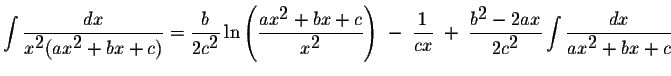 $\displaystyle \int\displaystyle \frac{dx}{x^{\displaystyle2}(ax^{\displaystyle2...
...playstyle2}}\displaystyle \int\displaystyle \frac{dx}{ax^{\displaystyle2}+bx+c}$