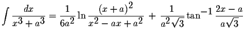 $\displaystyle \int\displaystyle \frac{dx}{x^{\displaystyle3}+a^{\displaystyle3}...
...qrt{3}}\tan^{\displaystyle-1}\displaystyle \frac{2x-a}{a\displaystyle \sqrt{3}}$